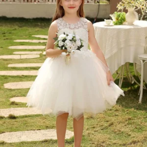 Girls' Short Dress with Round Neck and Puffy Skirt